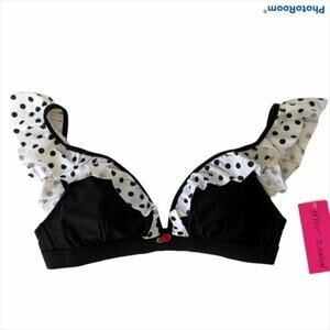 NWT Betsey Johnson Sz M DOTS AMORE Polka Dot Ruffle Bikini Top